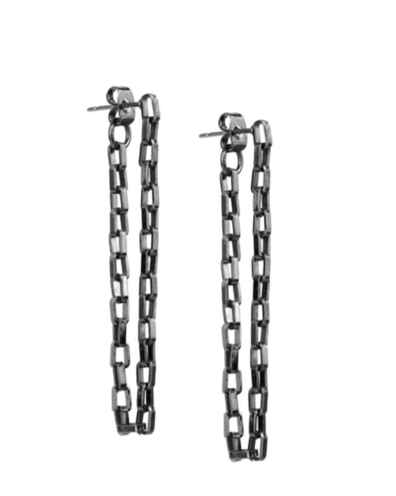 Front of a size O/S Box Link Chain Drape Earrings in Hematite in Hematite by marlyn schiff. | dia_product_style_image_id:330459